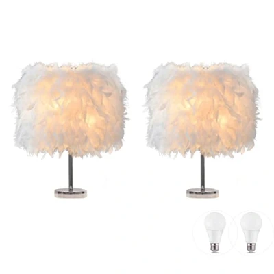 Image of LIUNIAN 2 Pack Feather Bedside Lamp Lampshade Modern Fashion Table Light Desk with 3W Bulb for Living Room, Bedroom, Bar, Restaurant, Home Decoration