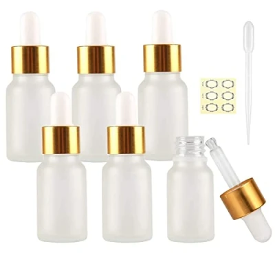 Image of Alledomain 6Pcs, 10ml Frosted Clear Glass Bottles with Dropper Pipettes, Empty Bottle Gold Aluminum Alloy Cap Refillable Sample Container for Essential Oil/Massage Oil/Chemical Liquid