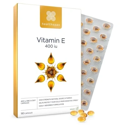 Image of Healthspan Vitamin E 400iu High Strength Formula to Combat Cell Damage Sourced from Natural Vegetable Oils for Easy Absorption Powerful antioxidant Support Vegan (180 Capsules)