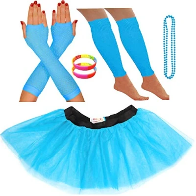 Image of REDSTAR FANCY DRESS® Neon Tutu Skirt Leg Warmers Fishnet Gloves Necklace Beads and Wrist (8 12 UK, Turquoise)
