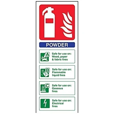 Image of V Safety 11005AC R Powder Id Fire Extinguisher Sign Portrait 75mm x 200mm 1mm Rigid Plastic, Blue/Green/Red