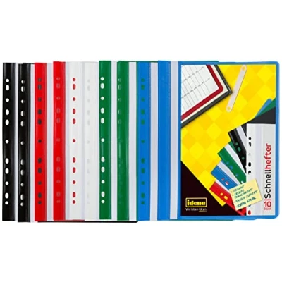 Image of Idena 307862 Binders A4 Plastic with Punched Spines Pack of 10 Blue/Green/Red/White/Black