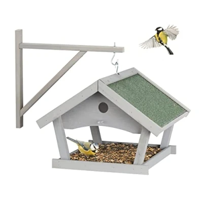 Image of Relaxdays Wooden Birdhouse, Hanging Feeding Table, HxWxD: 35x42.5x40.5 cm, Feeder For Wild Birds, Grey, Wood