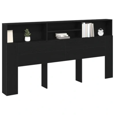 Image of vidaXL Black Oak Wood Headboard Cabinet 200x19.3x103.5cm Bed Storage Shelves for Bedrooms/Indoor Decor, Rectangular Matte Finish, Assembly Required