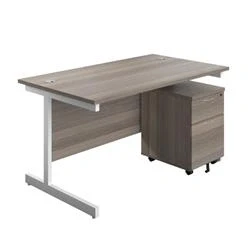 Image of 1200X800 Rectangular Desk Grey Oak White &amp; 2 Drawer Pedestal Bundle