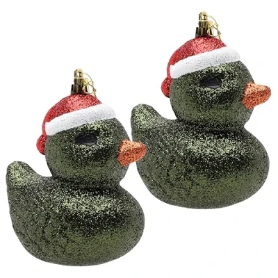 Image of Christmas Concepts® Pack of 2 110mm (4.3&quot;) Forrest Green Glittery Festive Duck Baubles Tree Decorations