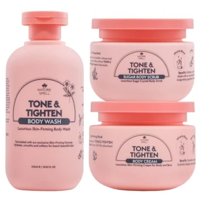 Image of Nature Spell Tone &amp; Tighten Skin Firming Gift Set Body Wash, Sugar Scrub, Cream Trio Infused with Hyaluronic Acid, Ginseng Extract Plant Collagen Made in the UK