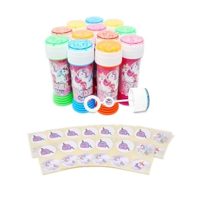 Image of Anila&#039;s Themed Bubble Tubs with Wand &amp; Stickers for Party Bag Fillers and Favours Children 6 Unicorn Individual Stickers. (Ideal Aged 3 8)