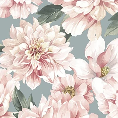 Image of Elegant Homes Floral Wallpaper Celadon Green Flower White Natural Watercolour