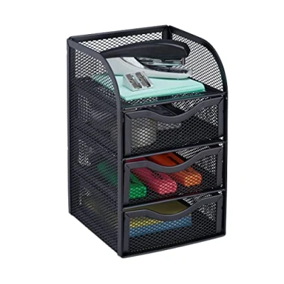 Image of Relaxdays office Shelf Metal Mesh Desk Organizer, Storage Box, supplies, Metal, Silver, 21 x 12.5 13 cm