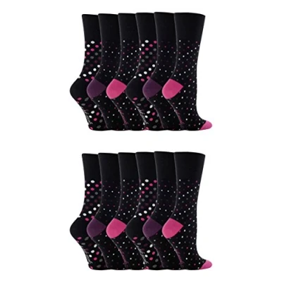 Image of Gentle Grip 12 pack ladies patterned wide top socks in 20 styles (GG07)