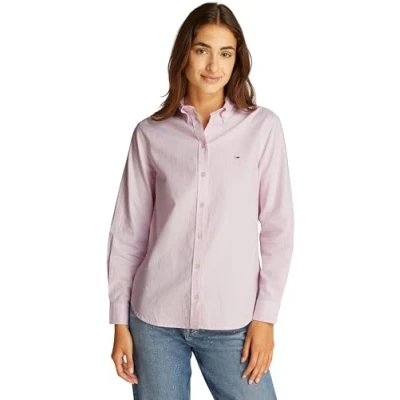 Image of Tommy Jeans Oxford Buttondown blouse pink/white, Women&#039;s, Size: Medium, Pink/white