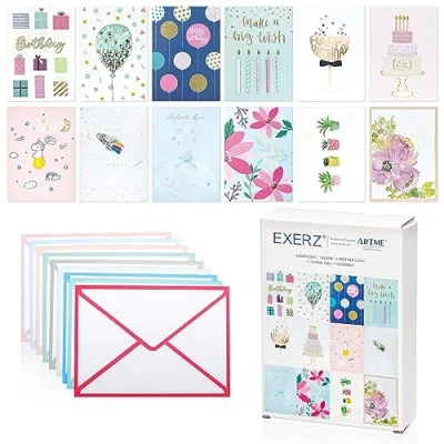 Image of EXERZ 12 Assorted Greeting Cards Multipack All Occasions Handmade Individual Designs For Birthday, Thank You, Mother’s Day, And Blank. Each Card Is Unique.