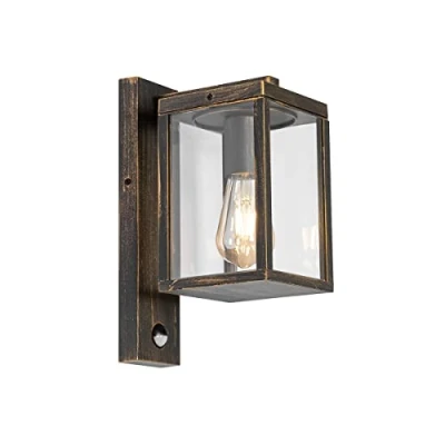 Image of QAZQA Outdoor Wall Lantern Antique Gold with Motion Sensor IP44 Charlois Garden Industrial Suitable for LED E27 1 Light Aluminium Security