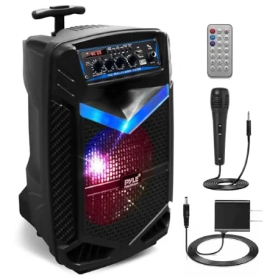 Image of Pyle, Portable PA System, Active Speakers, Powered Speakers 400W Rechargeable Outdoor Bluetooth Speaker w/ 18 Subwoofer 1 Tweeter, Microphone and Speaker, PartyBox Lights, Recording, USB/SD/Radio