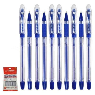 Image of Gripper Ballpoint Pens, BLUE, Fine Point (0.5mm), Pack of 10, Elasto Soft Grip, Smooth Writing, Perfect for School Office Home Use, iZOFAX Black Ball Pen