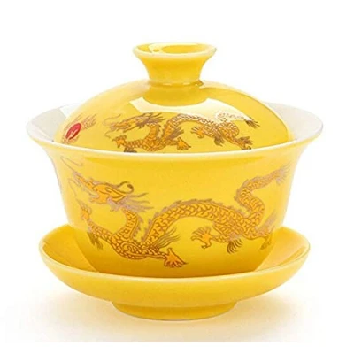 Image of YBK Tech Porcelain Kung Fu Tea Cup and Saucer with Lid, Chinese Traditional Gaiwan Sancai Bowl Set Dragon Pattern (Yellow)