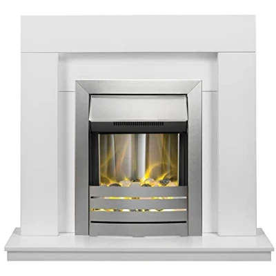Image of Adam Malmo Fireplace in White with Helios Electric Fire Brushed Steel, 39 Inch