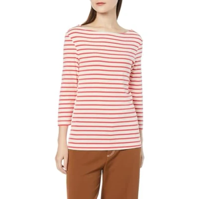Image of Amazon Essentials Women&#039;s Slim Fit 3/4 Sleeve Solid Boat Neck T Shirt, Coral Orange Off White Stripes, XXL