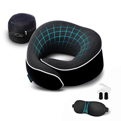Image of Proglobe Travel Pillow, Memory Foam Neck Pillow Set, Orthopedic Essentials for Flying, Kit with 3D Contoured Sleep Mask, Earplugs and Luxury Mesh Bag (Black)