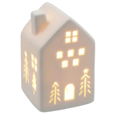 Image of Shudehill Giftware China White Christmas LED Light Up Warm Cosy House with Xmas Trees and Stars Home Decoration Small or Large Sizes (Small)