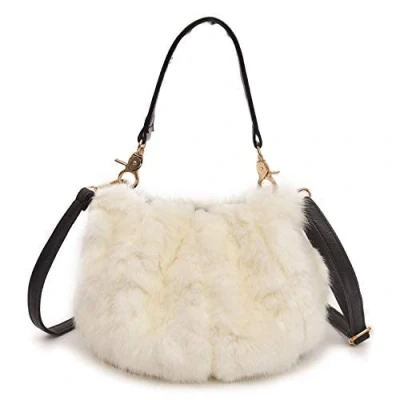 Image of Faux Fur Tote Crossbody Bag Purse Handbag for Women (White)