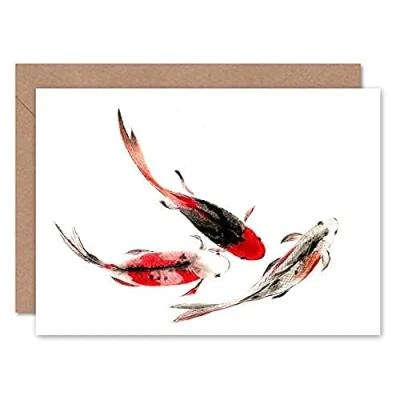 Image of Wee Blue Coo Japanese Koi Fish Black And Red Greeting Card With Envelope Inside Premium Quality
