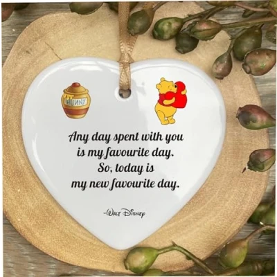 Image of Inspired By Walt Disney Winnie The pooh Favorite Day Quote Ceramic Heart Shape Plaque Gift Sign cr3
