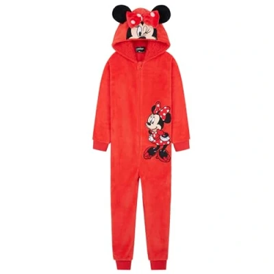 Image of Disney Stitch Onesie for Kids Fleece Pyjamas Lounge Wear Eeyore Minnie Mouse Gifts (9 10 Years, Red Minnie)