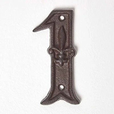 Image of HOMESCAPES Cast Iron Door Number 1 Decorative Antique Brown Finish House with Fleur De Lis Traditional Hand Design H 11.8 x W 8 cm