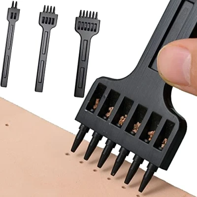 Image of DXIA 3 Pcs Leathercraft DIY Tools,Leather Prong Punch,Steel Diamond Lacing Stitching Chisel Set,Lacing Set,2+4+6 Punch Hole, Hand Working Hole Craft Tool