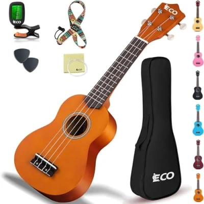 Image of iECO Ukulele Soprano Beginners Kit, 21 Inch Professonial Concert for Adults Kids with Gig Bag, Picks, Tuner, Strap, Extra Strings (Honey)