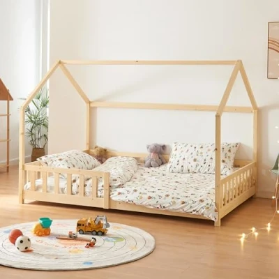 Image of [en.casa] Children&#039;s bed Hesel House wood look 140 x 200 cm with fall out protection and slatted frame Floor Youth Wooden