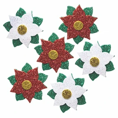 Image of Baker Ross FC104 Poinsettia Glitter Stickers Pack of 100, Kids Stickers, Ideal for Children&#039;s Arts and Crafts Projects, Great Card Making Scrapbooking