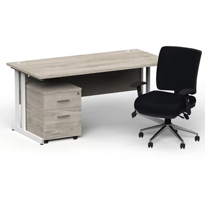 Image of Impulse 1800 White Cant Desk Grey Oak + 2 Dr Mobile Ped &amp; Chiro Black