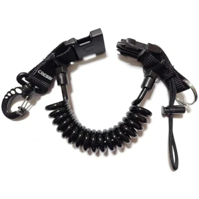Image of Cressi Laynyard with Ring Elastic Spiral Cable for Diving and Water Activities, Unisex, Black/Black, 1 Carabiner, Unisex
