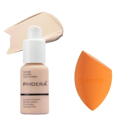 Image of ABRUS® Foundation, Full Coverage Soft Matte, Foundation Makeup Flawless Cream Smooth Long Lasting 24HR Waterproof and Blendable 30ml (101 Porcelain &amp; Sponge)