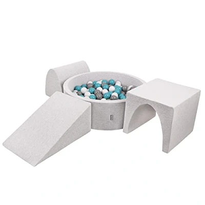 Image of KiddyMoon Foam Playground For Kids With Round Ballpit (300 Balls) Obstacle Course, Lightgrey:Grey/White/Turquoise