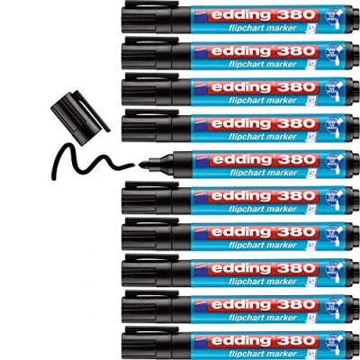 Image of edding 380 flipchart marker black box of 10 round nib 1.5 3 mm for writing, drawing and marking on paper does not bleed through dry out