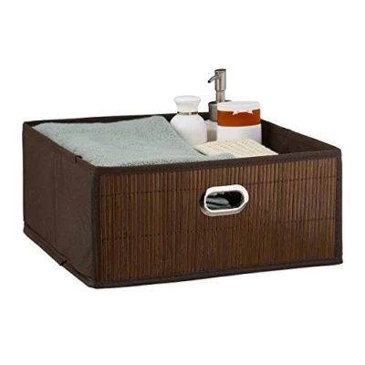 Image of Relaxdays Bamboo Storage Basket, Bathroom &amp; Bedroom Organiser, Square, Low Box, HxWxD 14 x 31 cm, Folding, Brown