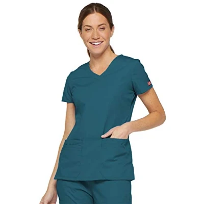 Image of Dickies womensMultiple Patch PocketsEds Signature V Neck Top with Multiple Pockets Short Sleeves Medical Scrubs Shirt Blue XX Small