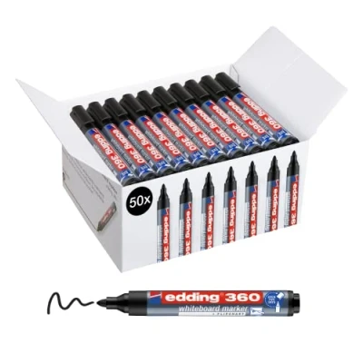 Image of edding 360 whiteboard marker black 50 pens round nib 1,5 3 mm pen dry wipe for whiteboards, flipcharts, pinboards, magnetic and memo boards sketchnotes refillable