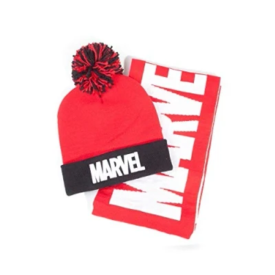 Image of Marvel Comics Logo Bobble Beanie &amp; Scarf Gift Set Winter Accessory, Red (Red Red), One Size