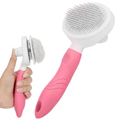 Image of Belle Vous Pink Pet Grooming Slicker Brush Self Cleaning Shedding Comb for Long/Short Haired Cats and Dogs Removes Loose Undercoat, Mats &amp; Tangles