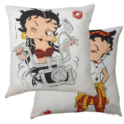 Image of Betty Boop Eras Retro Biker Cushion Cover, Des 3 45cm Square Motorbike Kisses White Black Red Grey, Decorative Scatter