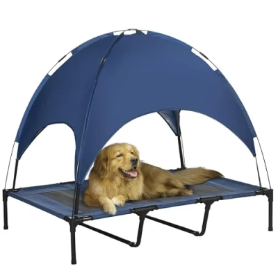 Image of PawHut 122cm Elevated Dog Bed Cooling Raised Pet Cot UV Protection Canopy Blue