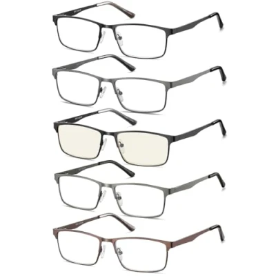 Image of EYECEDAR 5 Pack Reading Glasses Men Metal Frame Rectangle Style Stainless Steel Material Spring Hinges with Computer Eyeglasses Readers 2.00