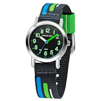 Image of JACQUES FAREL KPS 403 Children&#039;s Analogue Quartz Watch with Fabric Strap Black Blue Green, Strap.