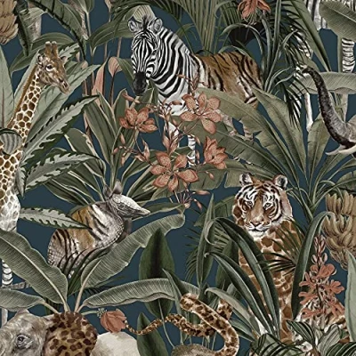 Image of Safari Fusion Jungle Tropical Animal Navy Wallpaper
