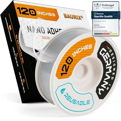 Image of BAURIX® 1x Nano Tape Double Sided [10 ft / 1.18 Inch x 120 Inch] Heavy Duty Washable Clear Alien Adhesive Strips 2 Carpet Rug
